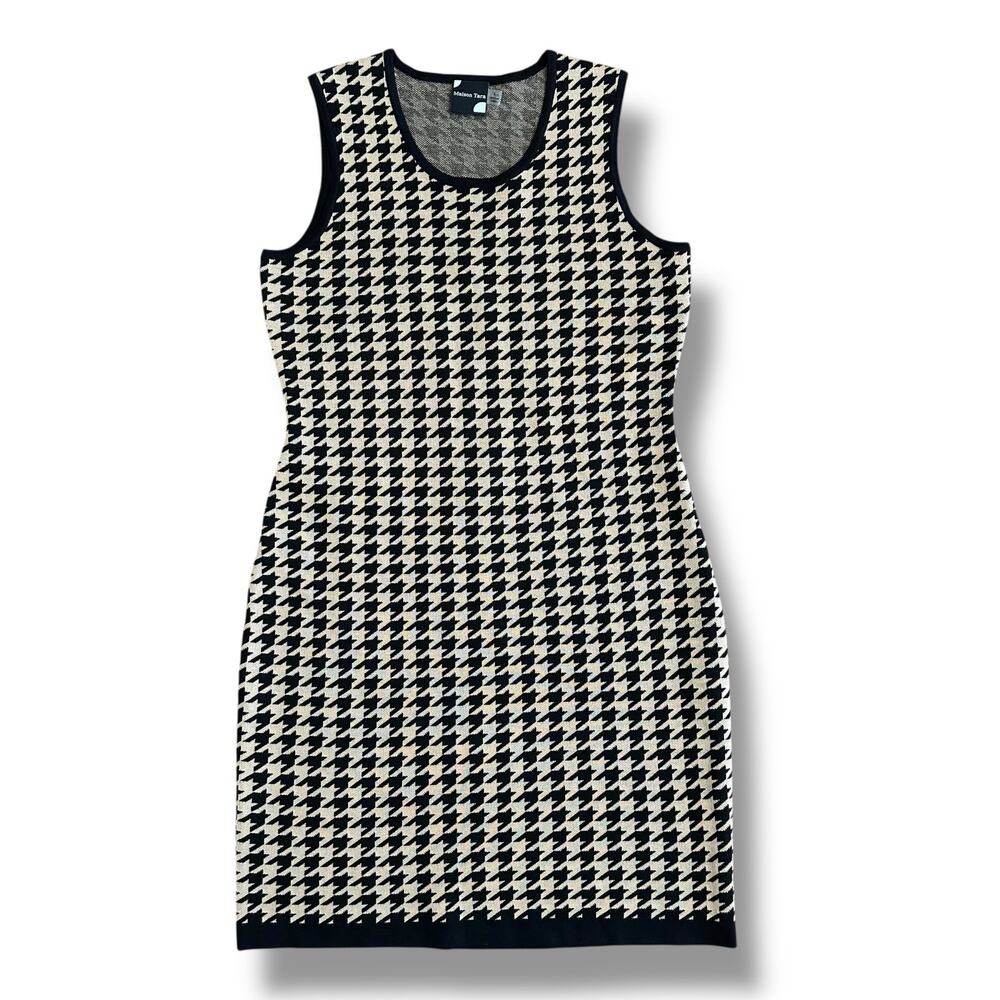 Maison Tara Knit Houndstooth Bodycon Sheath Dress Black Tan Sleeveless Stretch L